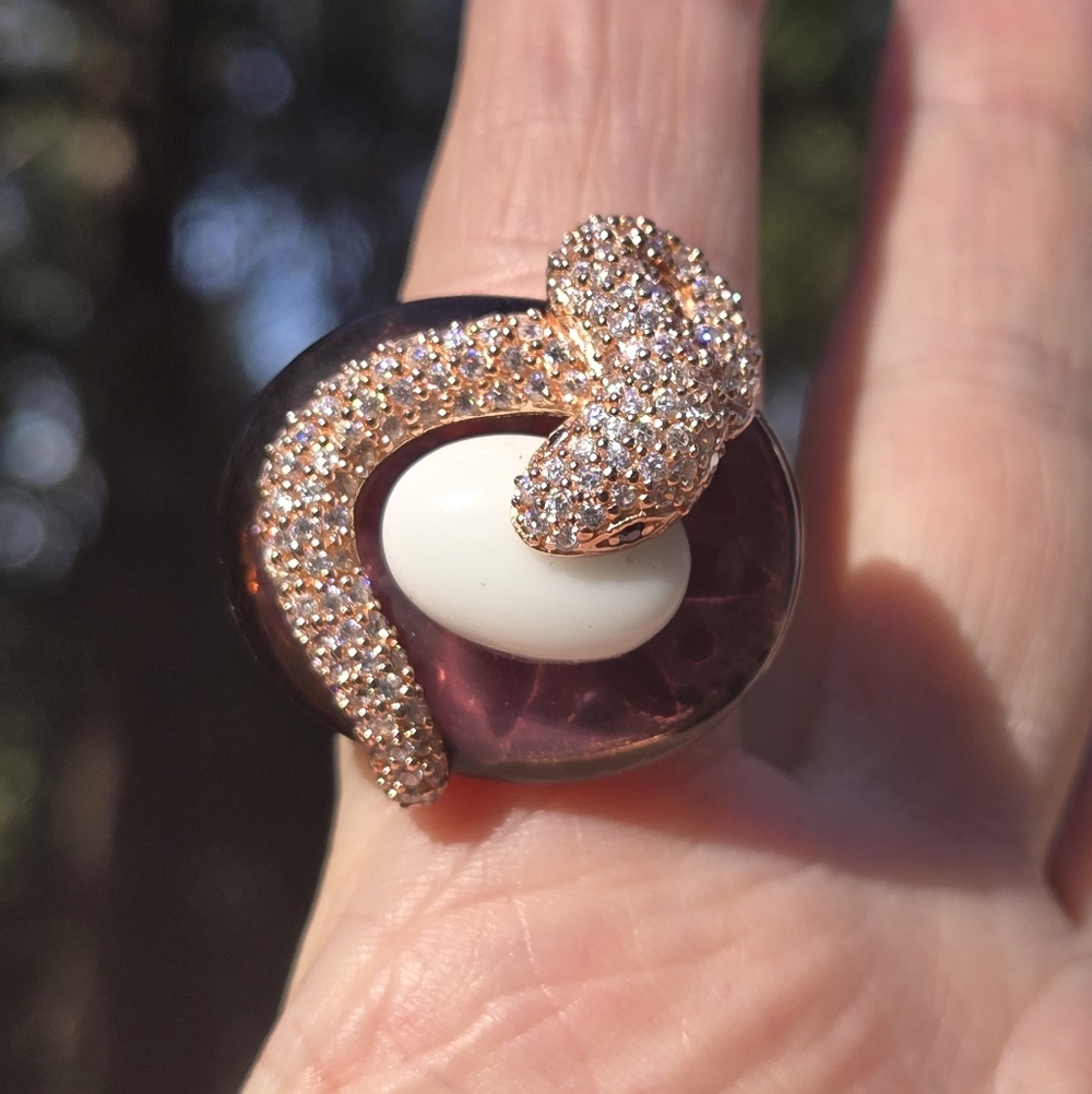White Sapphire Black Onyx Blown Glass Sterling & Gold Snake Statement Ring Sz8.7 - Picture 3 of 13